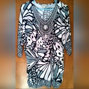 Women's Black & White Patterned Kimono Blouse Top Shirt, XL